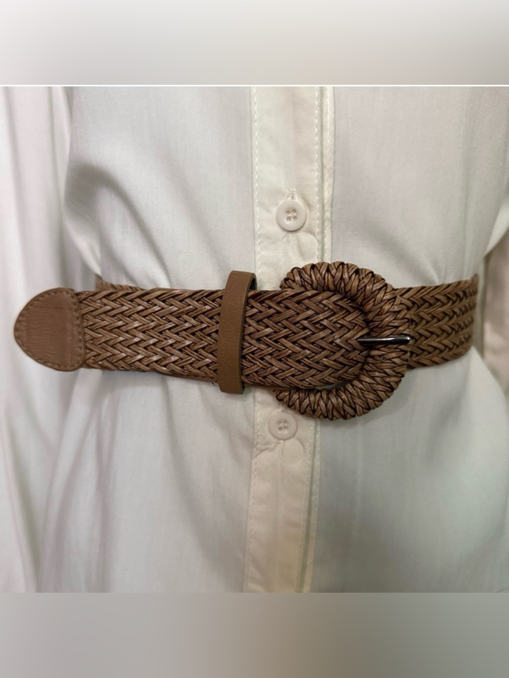 Brown braided PU leather elastic waistband skinny belt